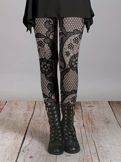 gbolsosFloral Print Skinny Leggings, Casual Elastic Waist Stretchy Leggings, Women's Clothing