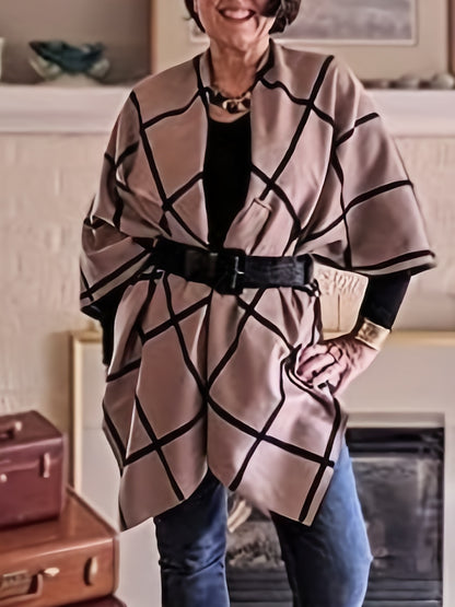 Plus Size Elegant Coat, Women's Plus Grid Print Batwing Sleeve Open Front Shawl Cape Coat