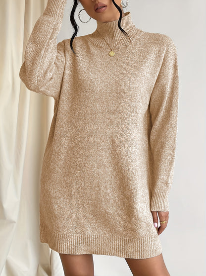 gbolsos  High Neck Solid Dress, Casual Long Sleeve Knitted Mini Dress, Women's Clothing