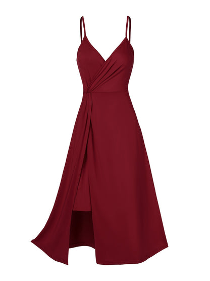 Twist Spaghetti Strap Dress, Elegant Solid Sleeveless Split Dress, Women's Clothing