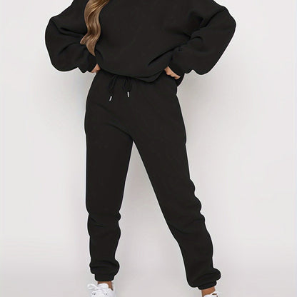 gbolsos  Solid Casual Two-piece Set, Crew Neck Long Sleeve Tops & Drawstring Jogger Pants Oufits, Women's Clothing