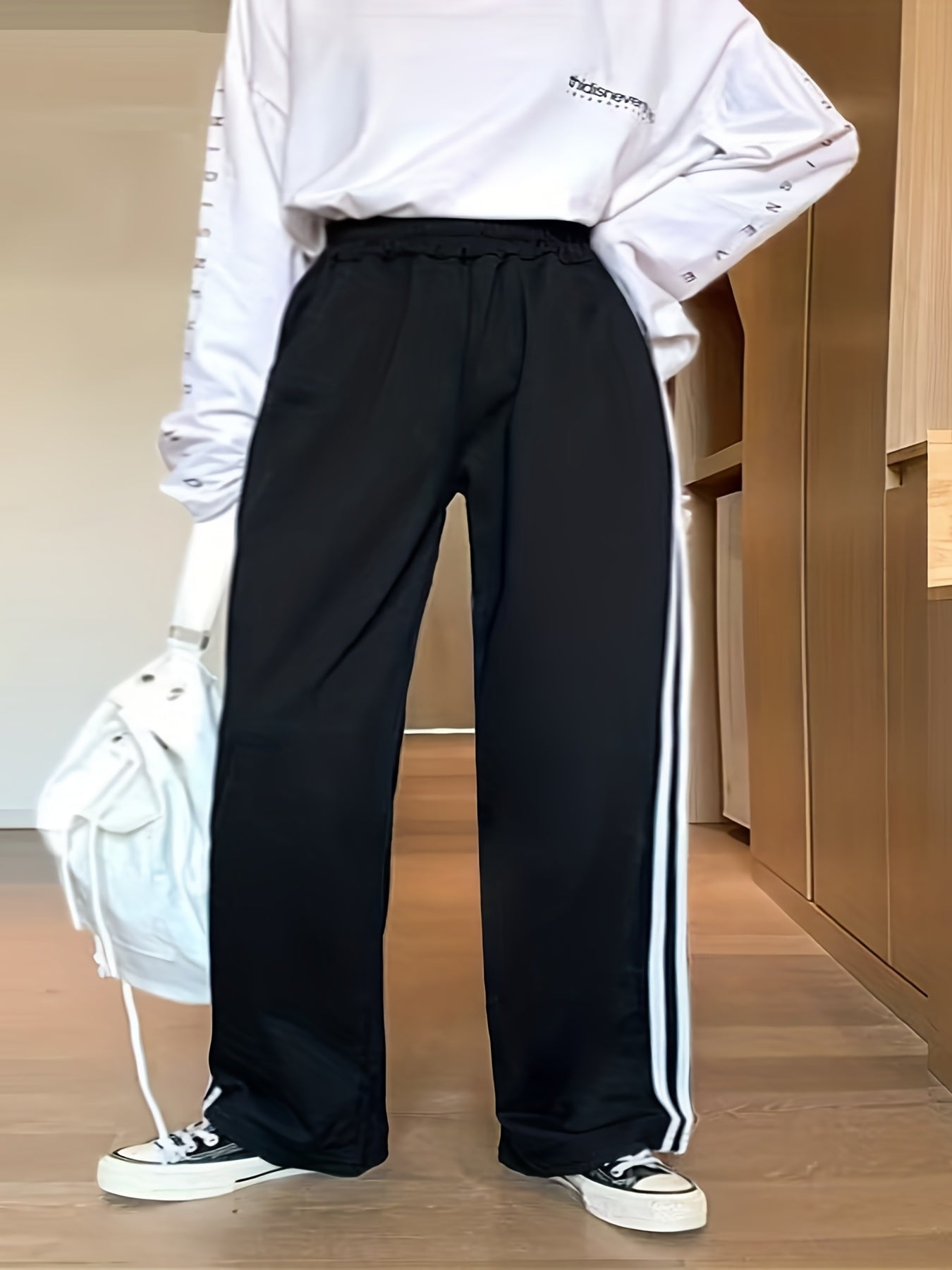 gbolsos Plus Size Casual Pants, Women's Plus Stripe Print Elastic High Rise Wide Leg Slight Stretch Loose Pants