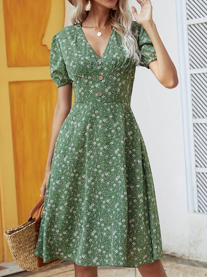 gbolsos  Floral Print Button V Neck Dress, Casual Short Sleeve Dress For Spring & Summer, Women's Clothing