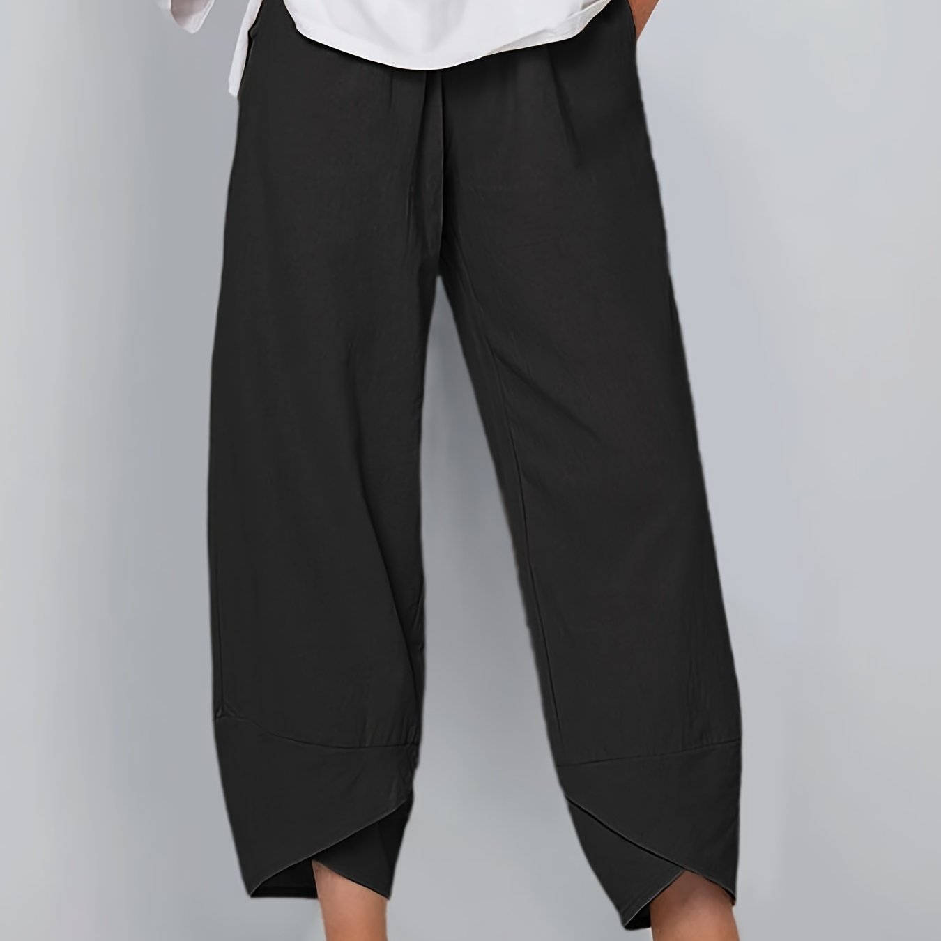 gbolsos  Loose Pocket Pants, Casual Elastic Waist Solid Fashion Comfy Spring & Summer Pants, Women's Clothing