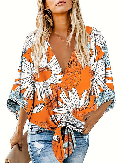 gbolsos  Floral Print V-neck Blouse, Vacation Style Half Sleeve Blouse For Spring & Summer, Women's Clothing