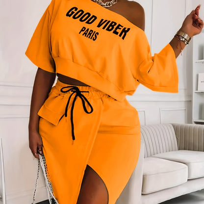 2025 elveswallet  Plus Size Casual Outfits Two Piece Set, Women's Plus Letter Print One Shoulder Short Sleeve Top & Drawstring Split Hem Knee Length Skirt Outfits 2 Piece Set