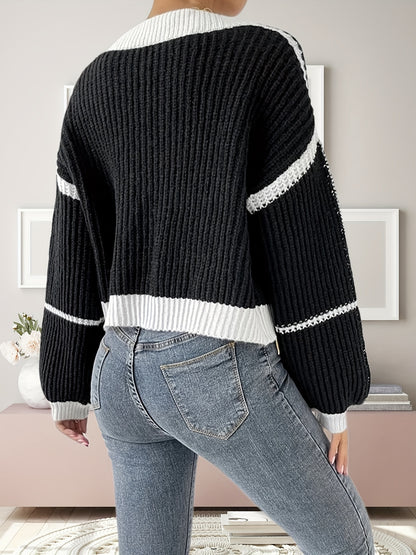 gbolsos  Contrast Color Open Front Cardigan, Casual Loose Lantern Sleeve For Spring & Summer, Women's Clothing