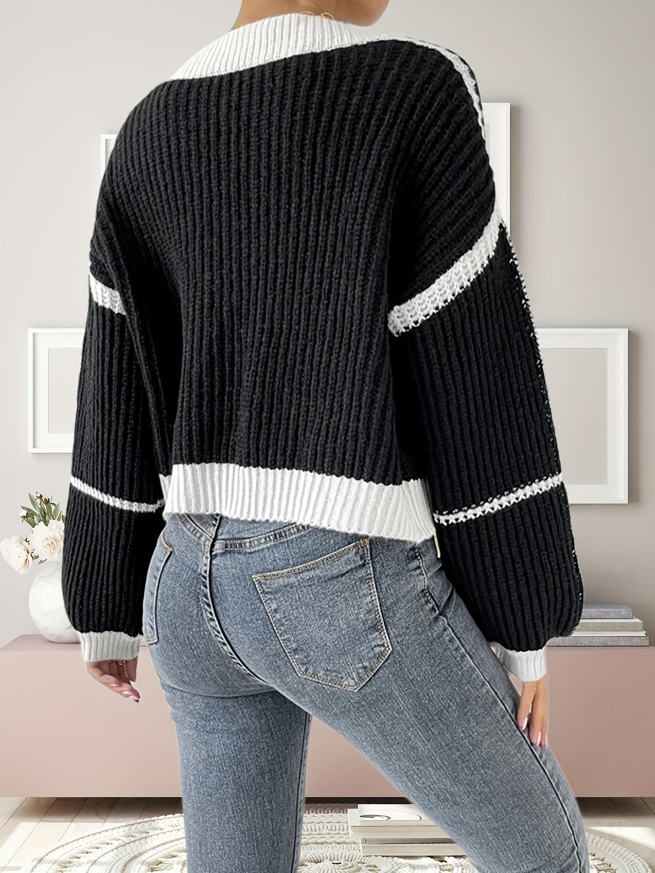 gbolsos  Contrast Color Open Front Cardigan, Casual Loose Lantern Sleeve For Spring & Summer, Women's Clothing