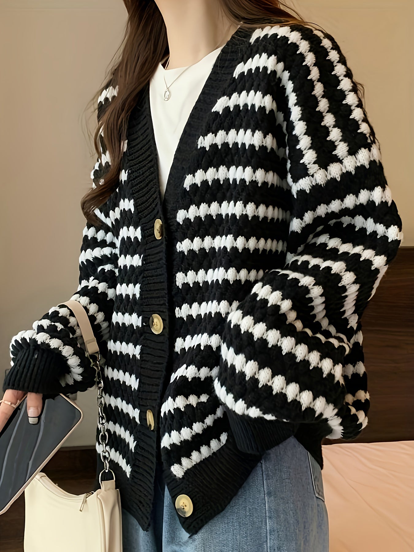 gbolsos  Striped Button Down Knit Cardigan, Casual Long Sleeve Drop Shoulder Slouchy Sweater, Women's Clothing