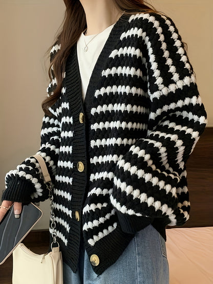 gbolsos  Striped Button Down Knit Cardigan, Casual Long Sleeve Drop Shoulder Slouchy Sweater, Women's Clothing