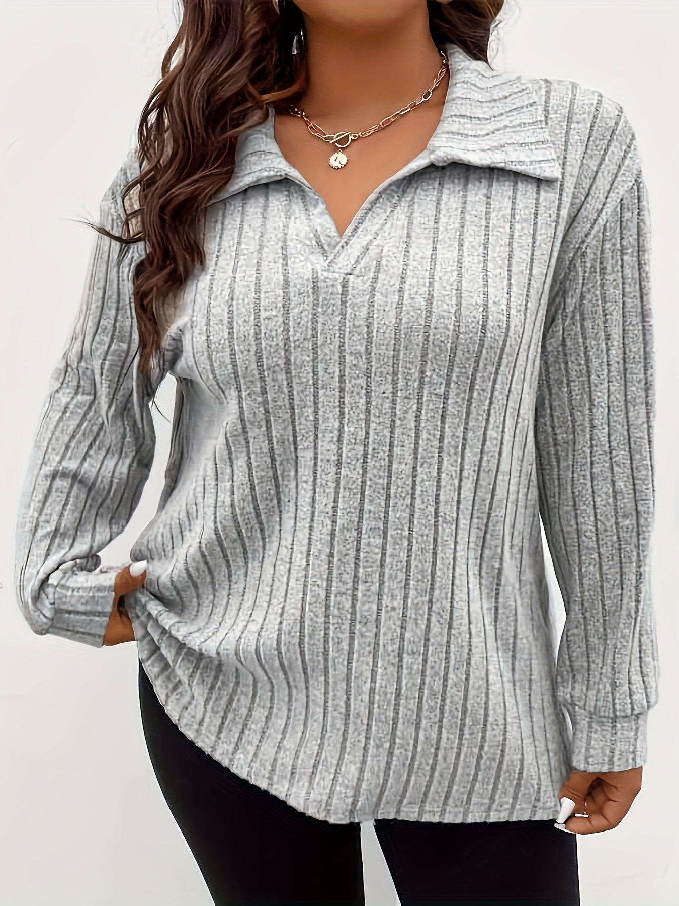 Plus Size Solid Ribbed T-Shirt, Casual Lapel Long Sleeve T-Shirt, Women's Plus Size Clothing