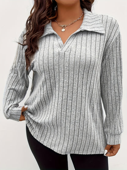 Plus Size Solid Ribbed T-Shirt, Casual Lapel Long Sleeve T-Shirt, Women's Plus Size Clothing