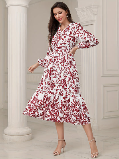 gbolsos  Floral & Leaves Print V-neck Dress, Elegant Elastic Waist Long Sleeve Dress For Spring & Fall, Women's Clothing