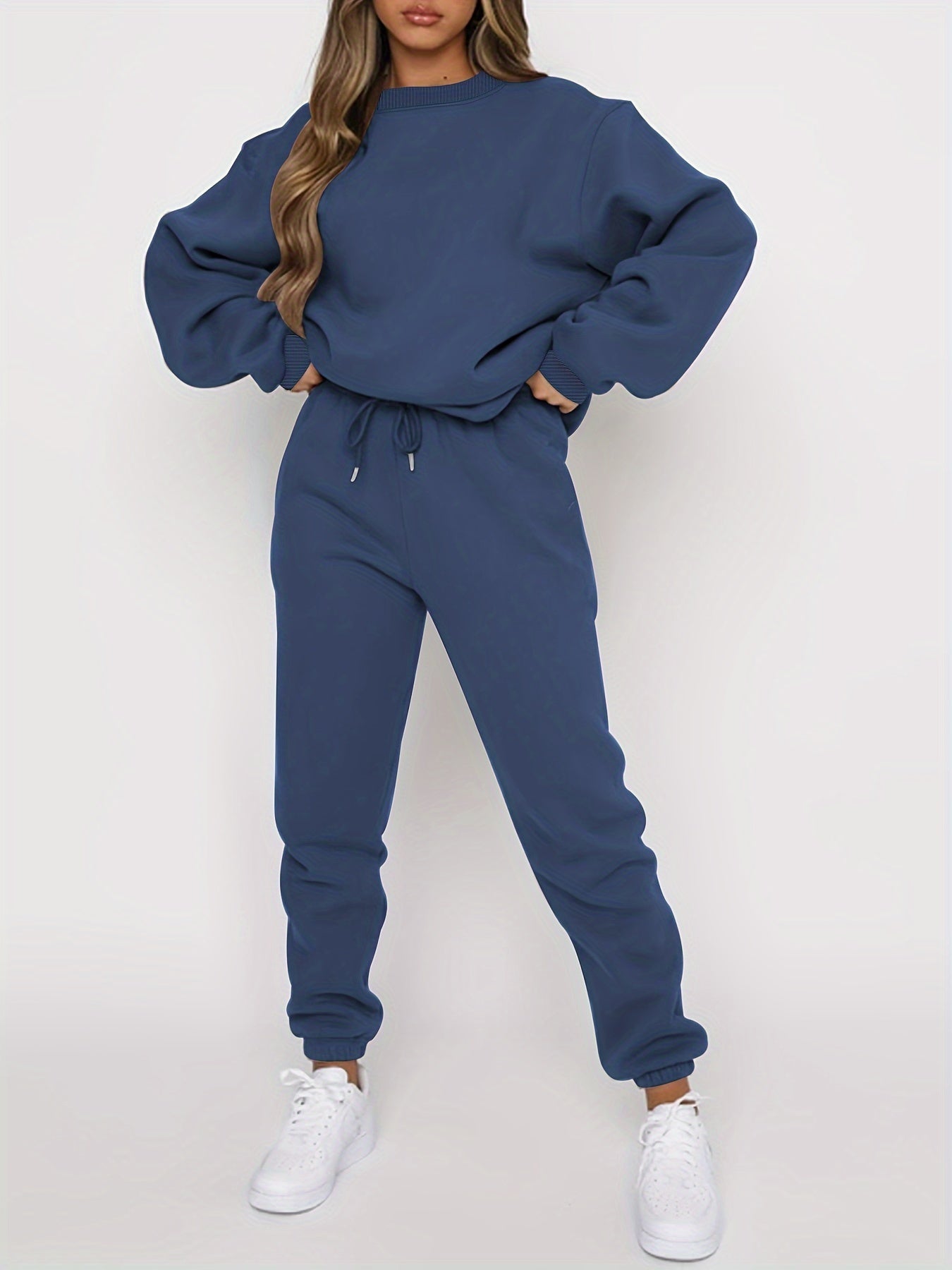 gbolsos  Solid Casual Two-piece Set, Crew Neck Long Sleeve Tops & Drawstring Jogger Pants Oufits, Women's Clothing