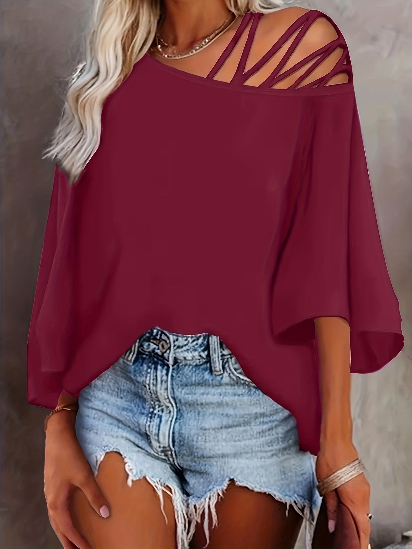 2025 gbolsos  Cold Shoulder Criss Cross T-Shirt, Casual Crew Neck Long Sleeve T-Shirt For Spring & Summer, Women's Clothing