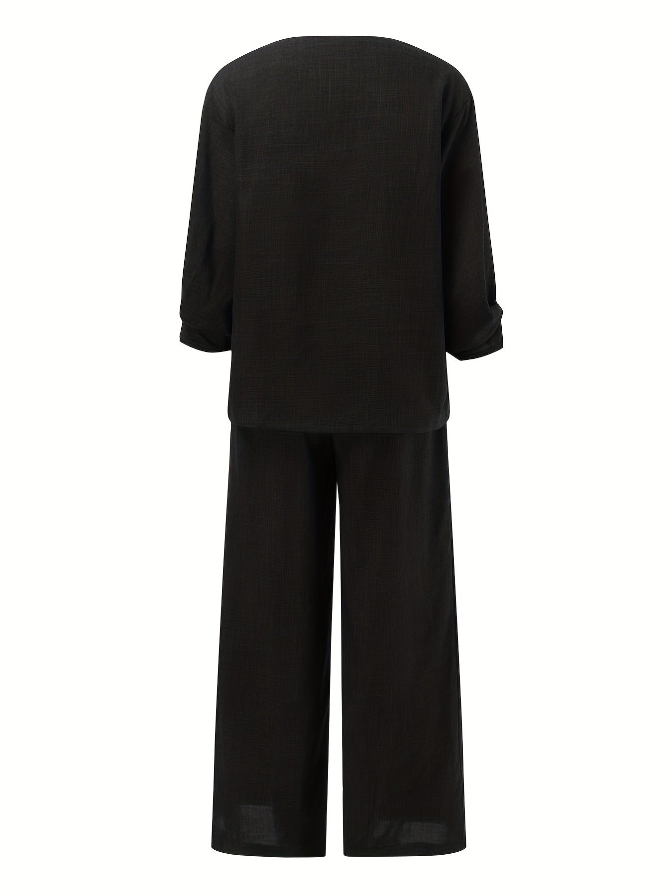 Solid Casual Two-piece Set, V Neck Lantern Sleeve Tops & Wide Leg Pants Outfits, Women's Clothing
