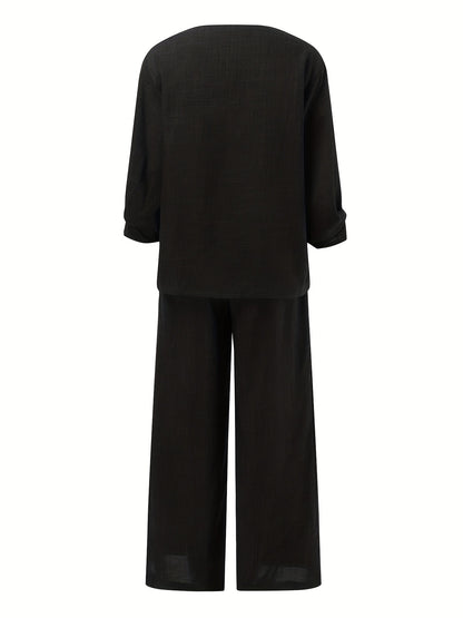 Solid Casual Two-piece Set, V Neck Lantern Sleeve Tops & Wide Leg Pants Outfits, Women's Clothing