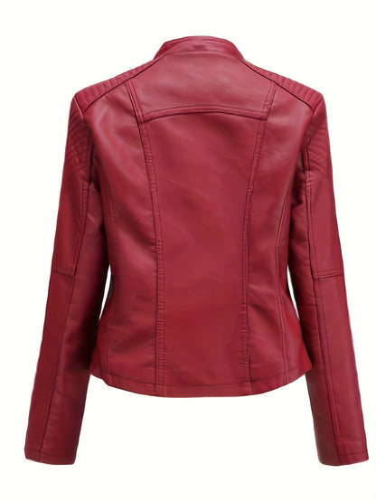gbolsos  Zipper Faux Leather Jacket, Casual Solid Long Sleeve Outerwear, Women's Clothing