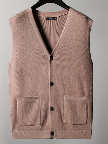 gbolsos  Loose Fit High Stretch Cardigan Vest, Men's Casual Vintage Style V Neck Button Up Cardigan Vest For Fall Winter