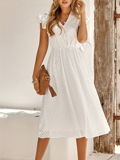 gbolsos  Striped Print Solid Dress, Elegant Ruffle Sleeve V Neck Midi Dress, Women's Clothing