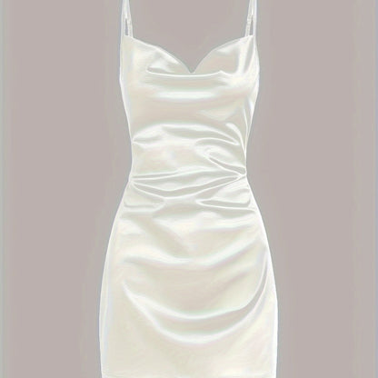 Solid Cowl Neck Spaghetti Dress, Sexy Tie Back Bodycon Cami Dress For Summer, Women's Clothing