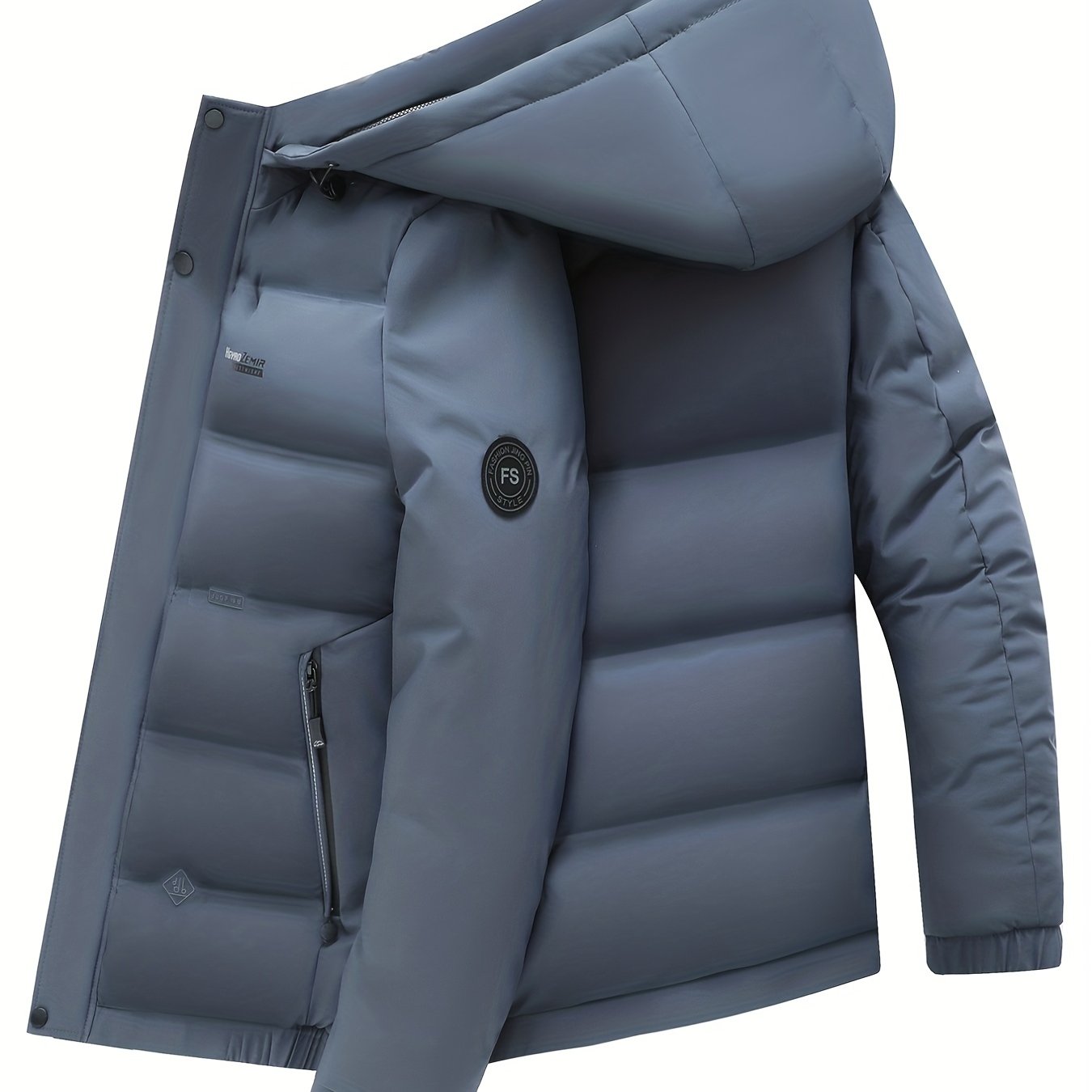 gbolsos  Men's Classic Design Padded Hooded Jacket, Men Casual Padded Coat Windbreaker Zipper Pocket Stand Collar For Men Winter