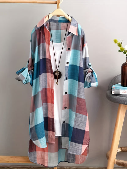 Plaid Print Dipped Hem Shirt, Casual Mid Length Button Front Turn Down Collar Long Sleeve Shirt, Women's Clothing