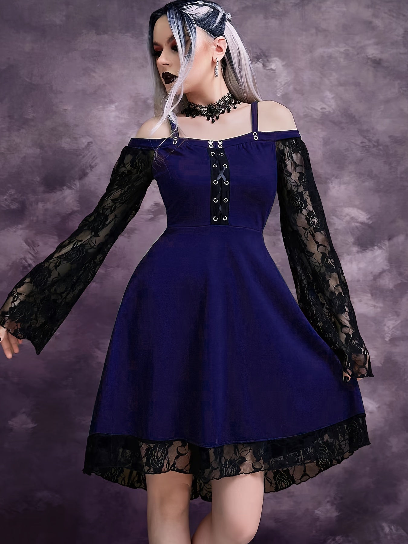 Solid Contrast Lace Dress, Gothic Drawstring Solid Mini Dress, Women's Clothing