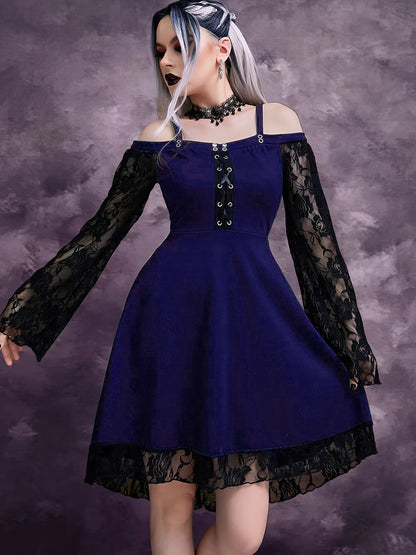 Solid Contrast Lace Dress, Gothic Drawstring Solid Mini Dress, Women's Clothing