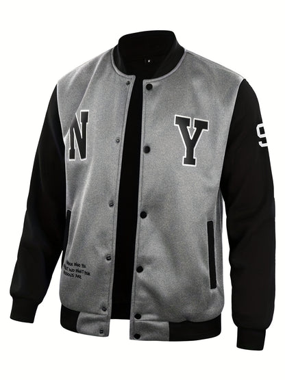 gbolsos  NY Print Varsity Jacket, Men's Casual Slightly Stretchy Baseball Jacket Contrast Colors Stitching Coat Regular Fit College Hipster Windbreaker For Spring Autumn