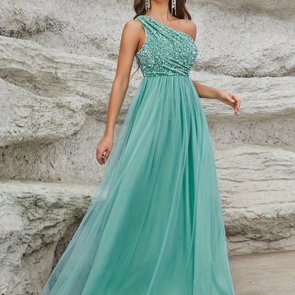 One Shoulder Sequin Dress, Elegant Sleeveless Dress For Party & Banquet, Women's Clothing