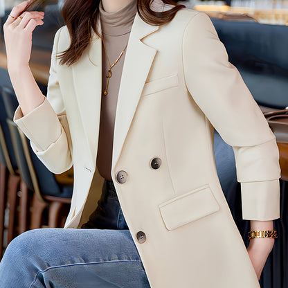 gbolsos  Solid Color Open Front Blazer, Elegant Lapel Neck Double Breasted Long Sleeve Split Blazer For Every Day, Women's Clothing