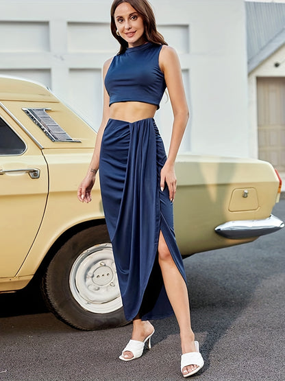 gbolsos  Two-piece Skirt Set, Crop Tank Top & Ruched Split Front Skirt Outfits, Women's Clothing
