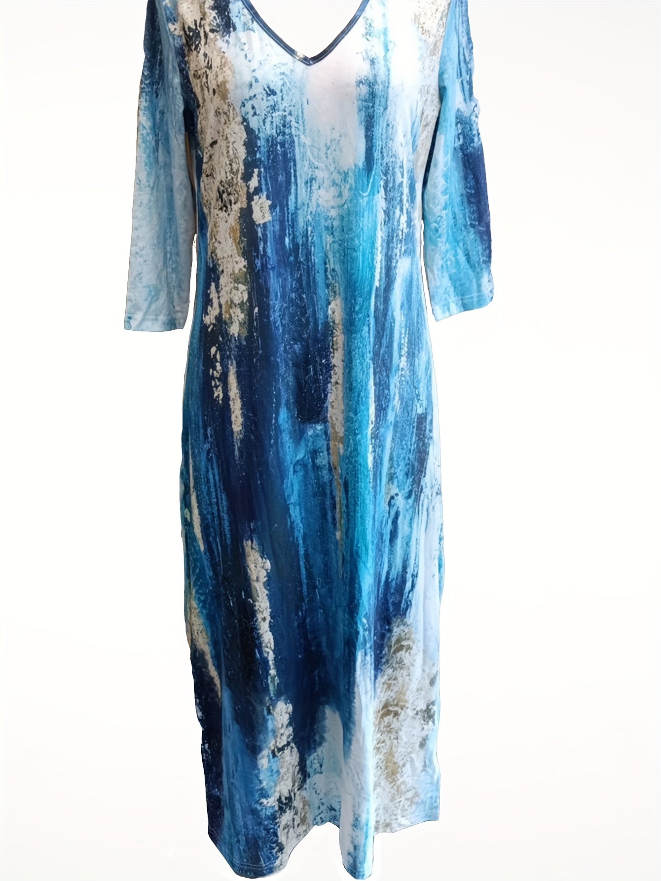 Tie Dye Print Split Dress, Vintage V Neck Long Sleeve Dress, Women's Clothing