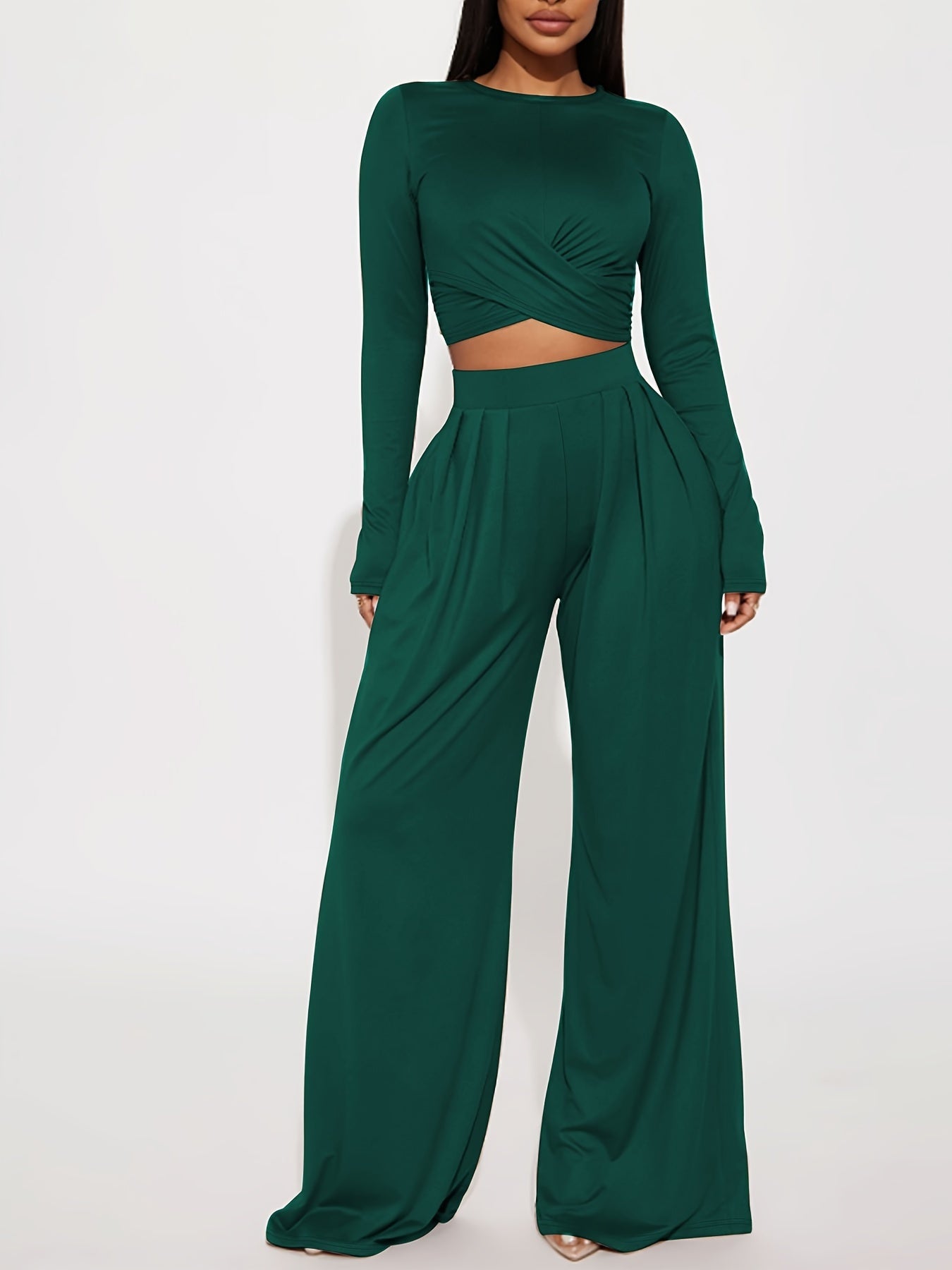 gbolsos  Casual Solid Two-piece Set, Twist Front Tied Crop Top & Wide Leg Pants Outfits, Women's Clothing
