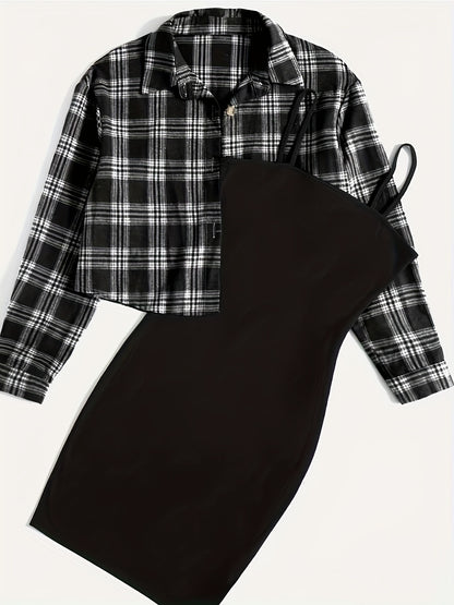 Casual Simple Two-piece Set, Plaid Print Button Front Tops & Solid Spaghetti Strap Dress Outfits, Women's Clothing