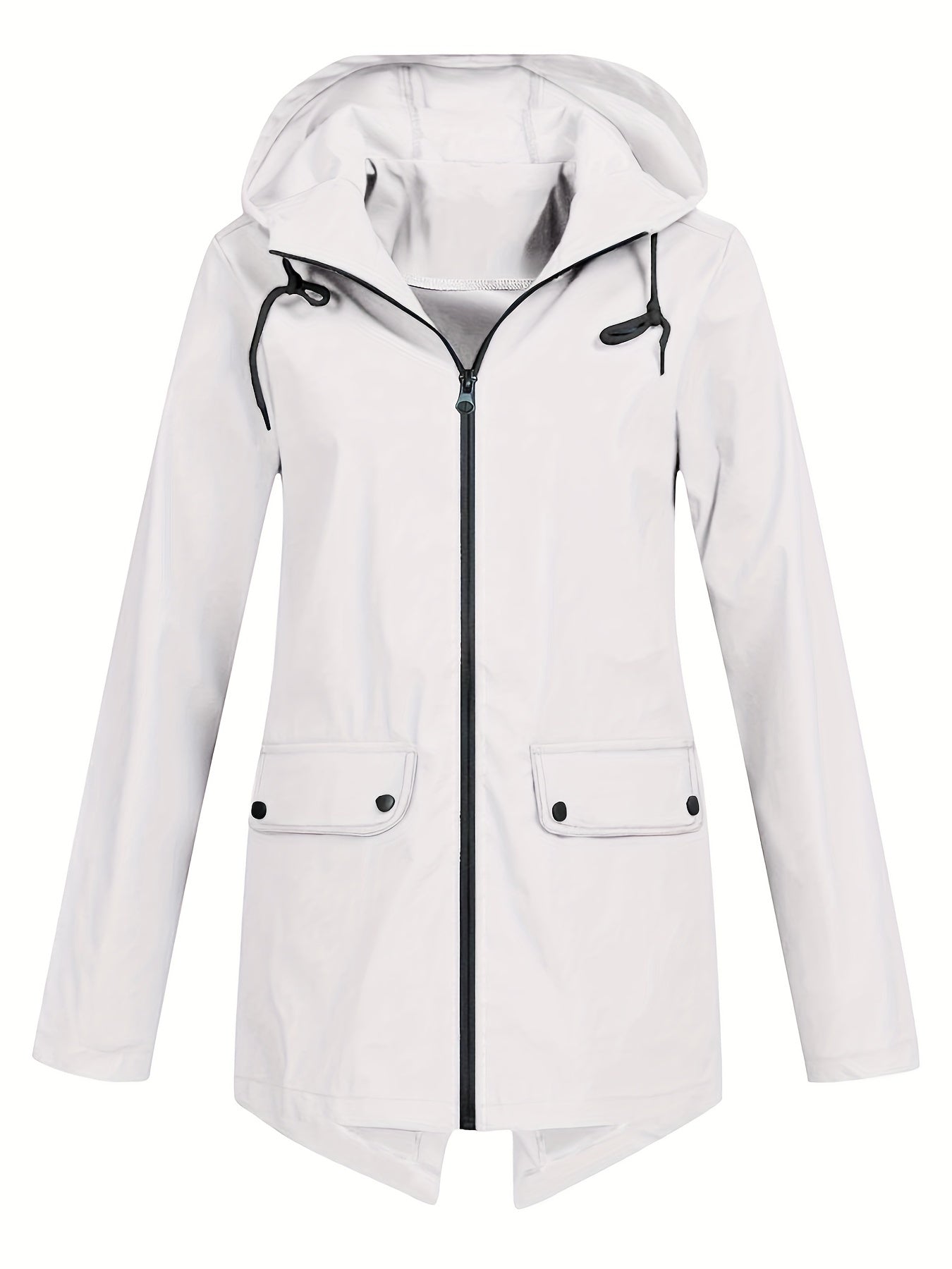 Solid Zip Up Drawstring Trench Coat, Casual Long Sleeve Hooded Jacket, Women's Clothing