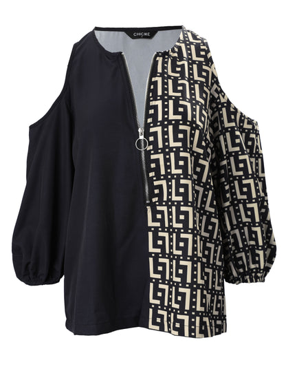 gbolsos  Abstract Print Contrast Blouse, Casual Cold Shoulder Zipper Blouse, Women's Clothing