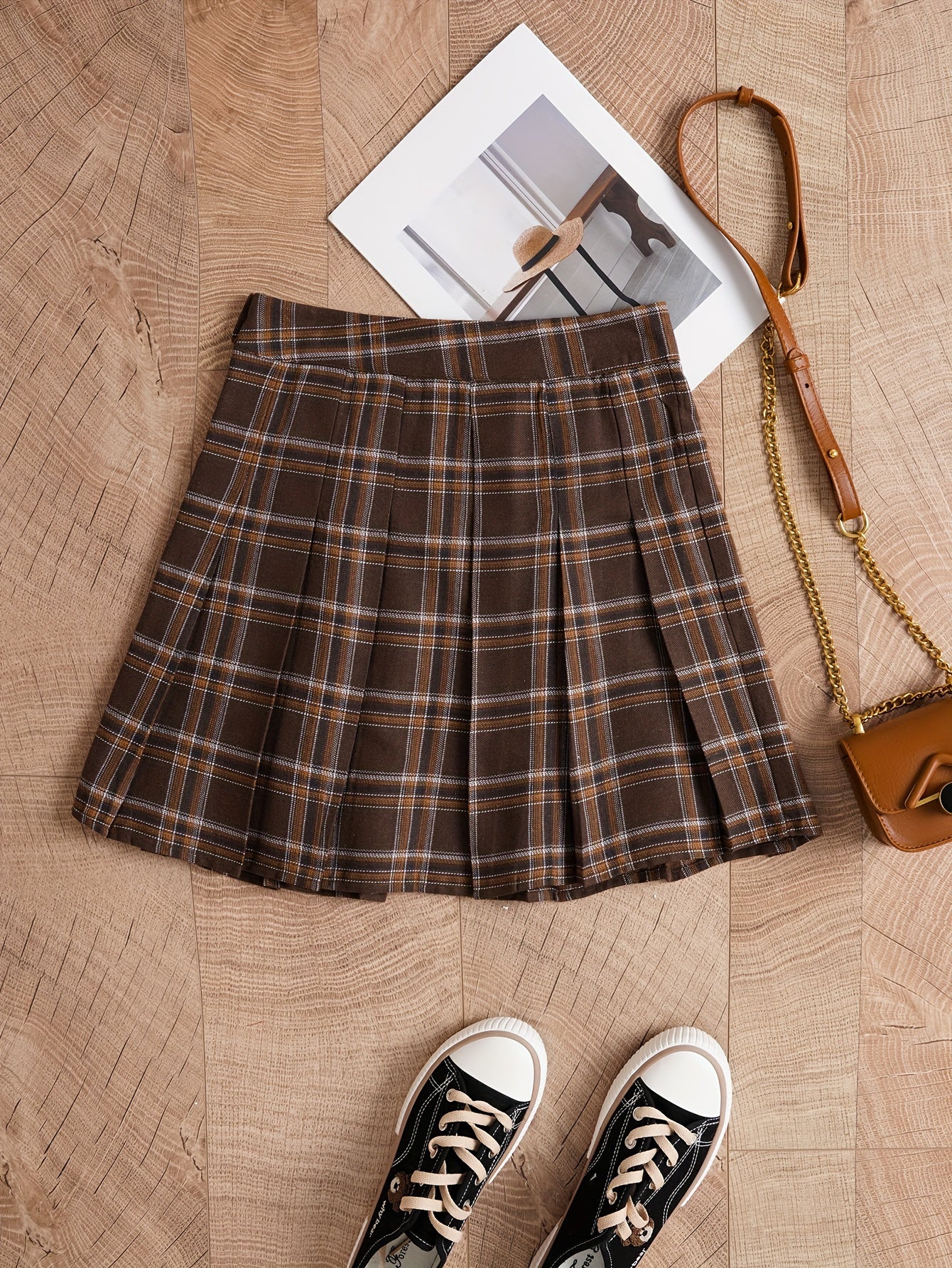gbolsos  Plaid Print Pleated Skirt, Casual Every Day Mini Skirt, Women's Clothing