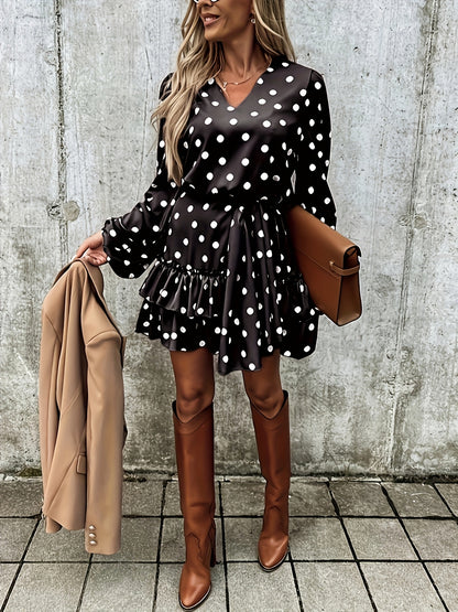 Polka Dot Print Dress, Casual Layered Ruffle Hem Lantern Sleeve Dress, Women's Clothing
