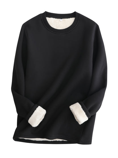 Solid Fleece Sweatshirt, Casual Long Sleeve Crew Neck Sweatshirt For Fall & Winter, Women's Clothing