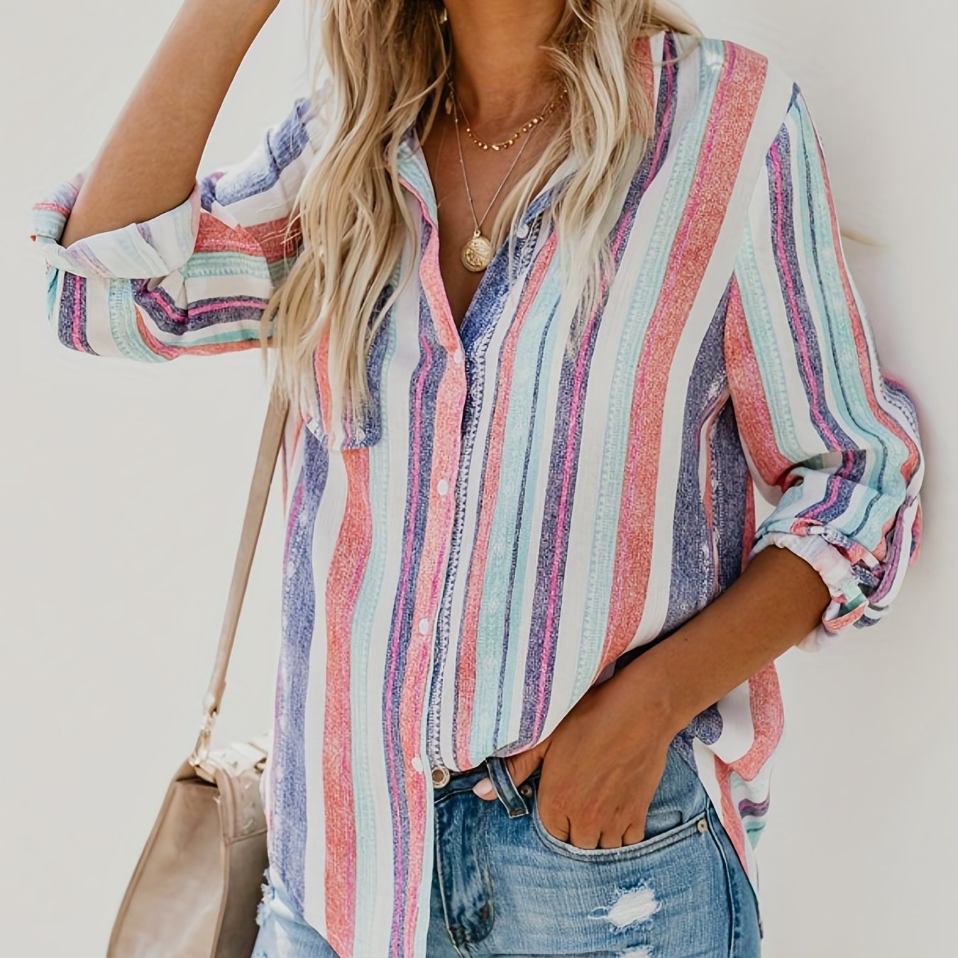 gbolsos  Casual Striped Shirt, Button Up Top For Spring & Fall, Women's Clothing