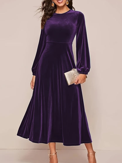 gbolsos  Plus Size Elegant Dress, Women's Plus Solid Velvet Lantern Sleeve Round Neck Dress