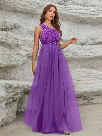One Shoulder Sequin Dress, Elegant Sleeveless Dress For Party & Banquet, Women's Clothing