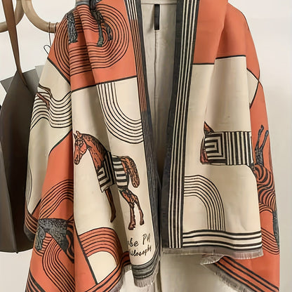 Plus Size Casual Winter Coat, Women's Plus Horse & Geometric Print Long Sleeve Open Front Shawl Cape Coat
