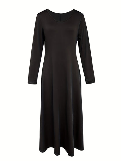 Solid Pocket Crew Neck Dress, Casual Long Sleeve Dress For Spring & Fall, Women's Clothing