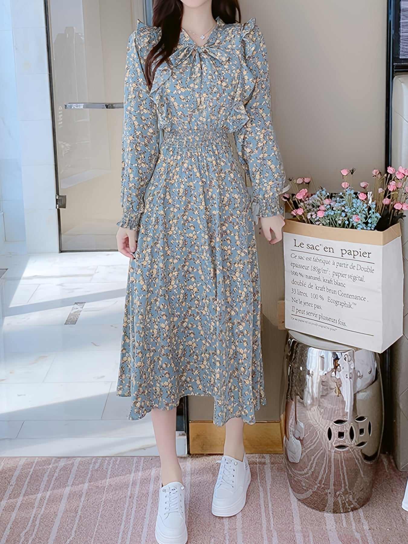 gbolsos  Floral Print Slim Bow Front Dress, High Waist Long Sleeve Casual Every Day Dress, Women's Clothing