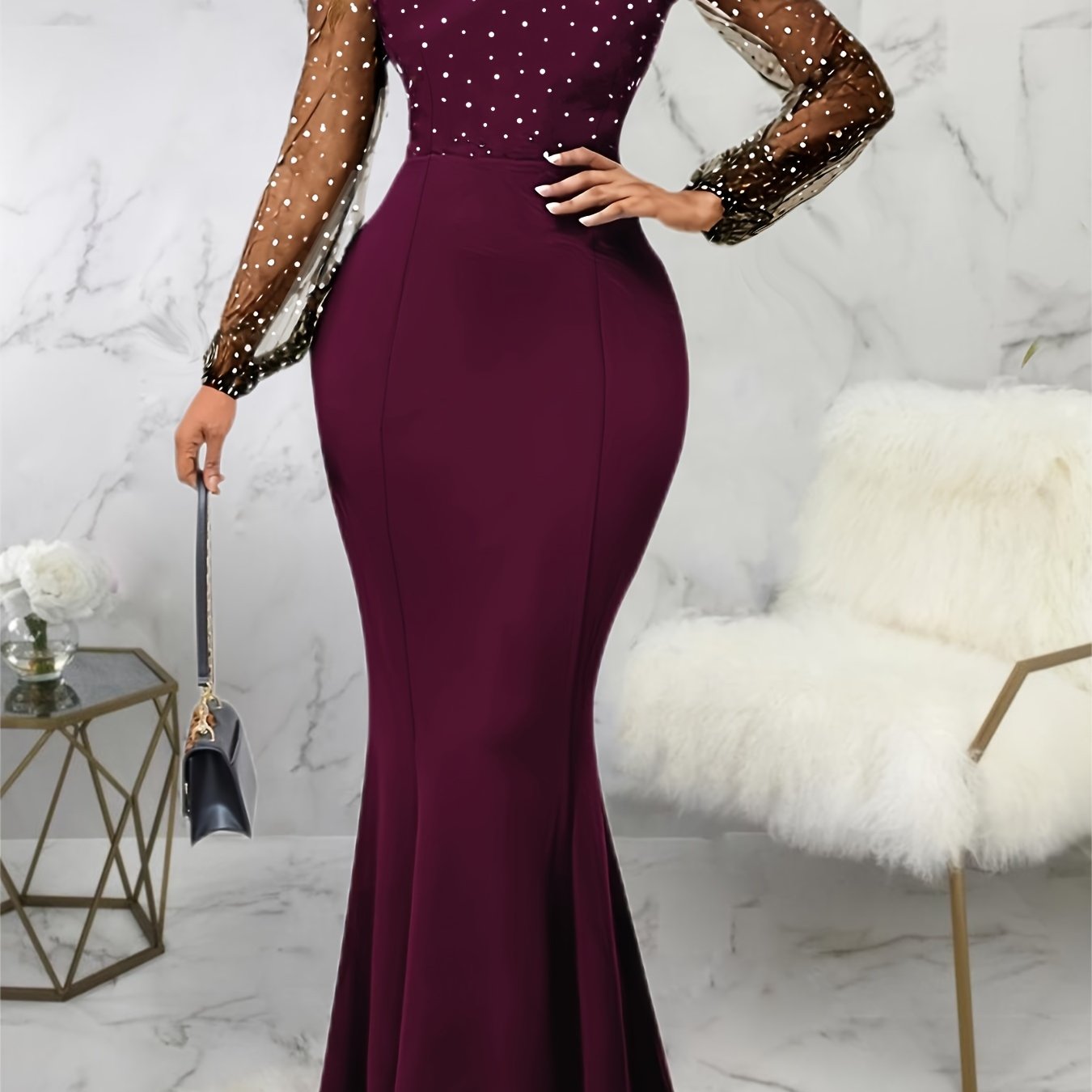 gbolsos  Solid Sheer Sleeve Dress, Elegant Crew Neck Mermaid Bodycon Maxi Party Dress, Women's Clothing