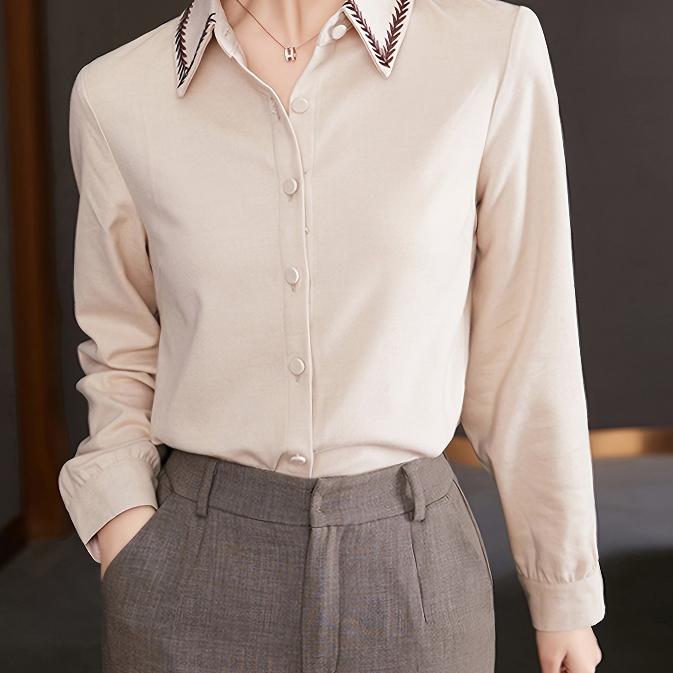 gbolsos  Houndstooth Plaid Polo Collar Button Front Shirt, Casual Solid Long Sleeve Stylish Shirt, Women's Clothing