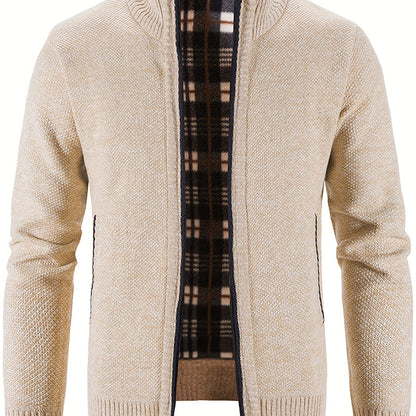 gbolsos  Warm Stand Collar Fleece Jacket, Men's Semi-formal Comfortable Solid Color Zip Up Knitted Cardigan For Spring Fall
